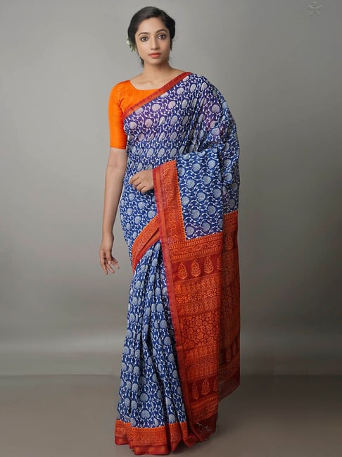 Unnati Silks Navy Printed Saree With Blouse Price in India