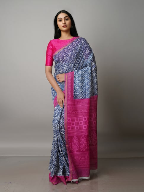 Unnati Silks Navy Printed Saree With Blouse Price in India