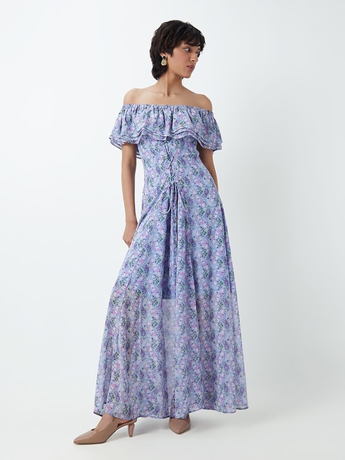 Nuon by Westside Blue Off-Shoulder Printed Maxi Dress Price in India
