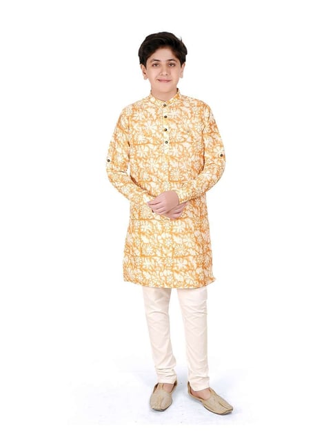Cavio Kids Yellow & White Printed Full Sleeves Kurta Set