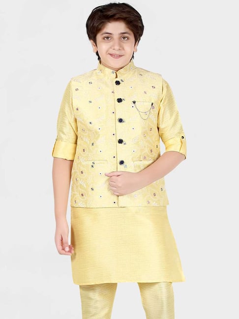 Cavio Kids Yellow Embroidered Full Sleeves Kurta Set-picture-22