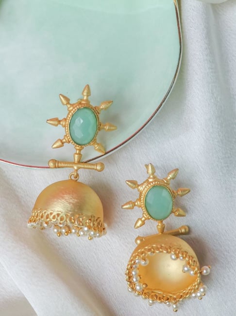 Embellished Ad Drop Earrings- Dark Green