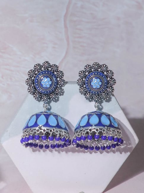 Cubic Zirconia Pearl Jhumka Earrings - Dark Blue | FashionCrab.com