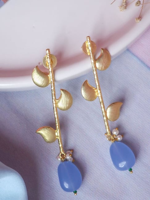 Johori Leaf Cornflower Blue & Golden Dangler Earrings-picture-18