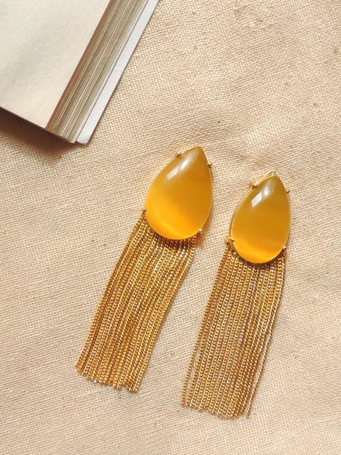 Johori Yellow & Golden Dangler Earrings-picture-30