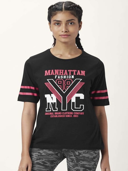 Ajile by Pantaloons Black Cotton Graphic Print Sports T-Shirt