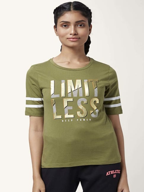 Ajile by Pantaloons Olive Green Cotton Graphic Print Sports T-Shirt-picture-35