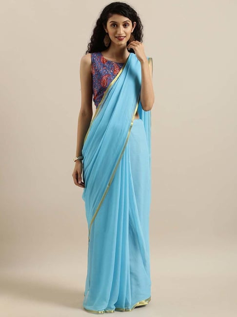 Geroo Jaipur Sky Blue Chiffon Saree With Unstitched Blouse Price in India