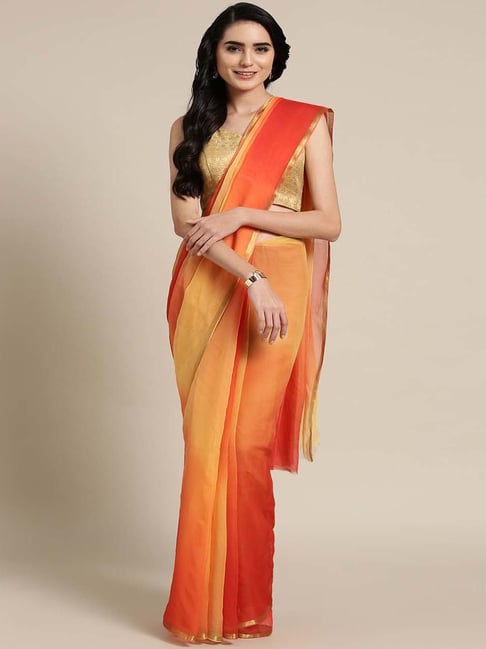 Geroo Jaipur Peach & Yellow Chiffon Tie & Dye Saree With Unstitched Blouse Price in India