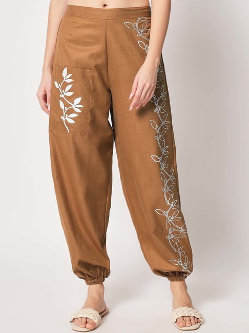 Womens Green Satin Ethnic Patterned Elastic Waist Loose Trousers Bst3243