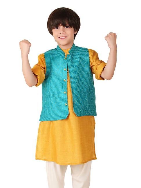 Fabindia Kids Teal Printed Nehru Jacket