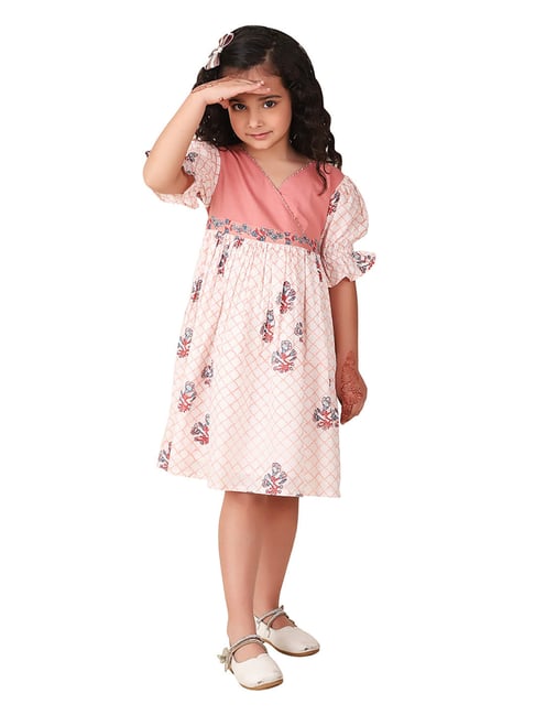 Fabindia Kids Dusty Pink & White Floral Print Dress-picture-36
