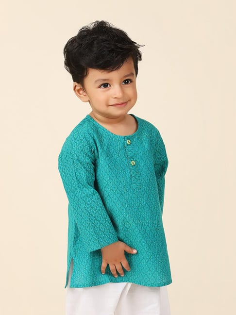 Fabindia Kids Teal Printed Full Sleeves Kurta-picture-32