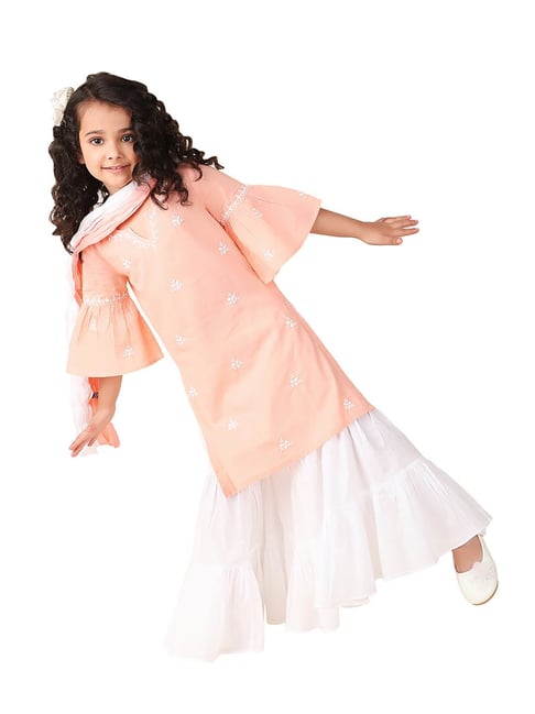 Fabindia Kids Peach & White Embroidered Kurta, Sharara with Dupatta-picture-17