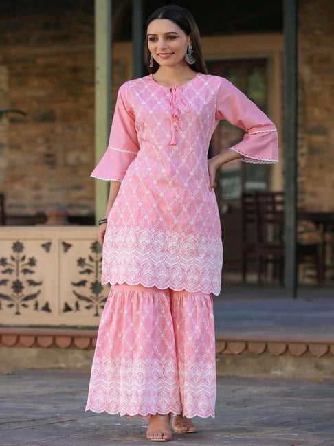 Designer Women Baby Pink abstract printed with floral embrodried embel –  Rama's Kurti Jaipur