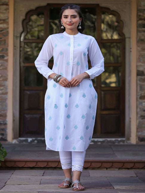 Cotton Dobby Kurti With Buttons And Embroidery - Gaaba