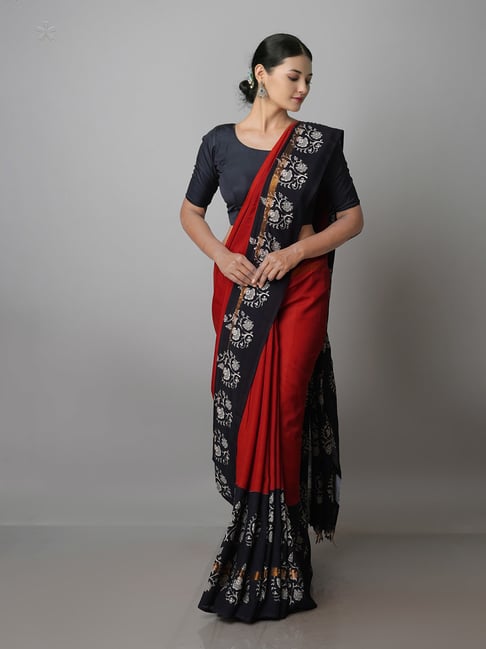 Unnati Silks Maroon & Black Printed Saree With Blouse Price in India