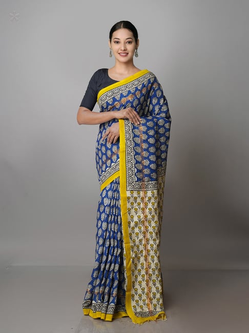 Unnati Silks Blue & Cream Printed Saree With Blouse Price in India