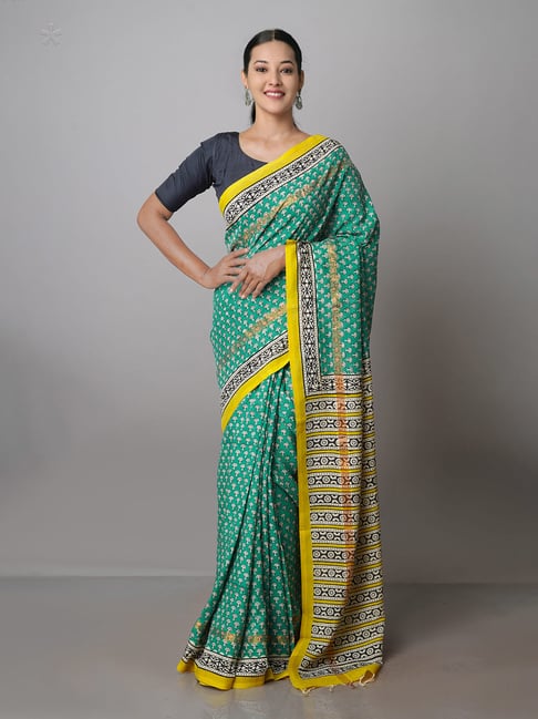 Unnati Silks Green & Cream Printed Saree With Blouse Price in India