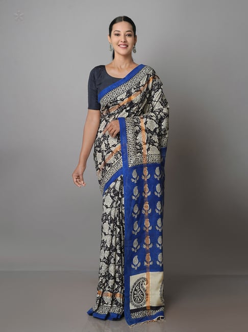 Unnati Silks Black & Cream Printed Saree With Blouse Price in India