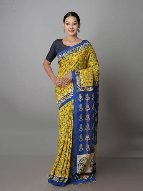 Unnati Silks Yellow Printed Saree With Blouse Price in India