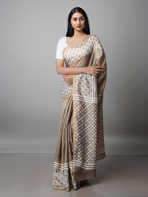 Unnati Silks Brown Printed Saree With Blouse Price in India