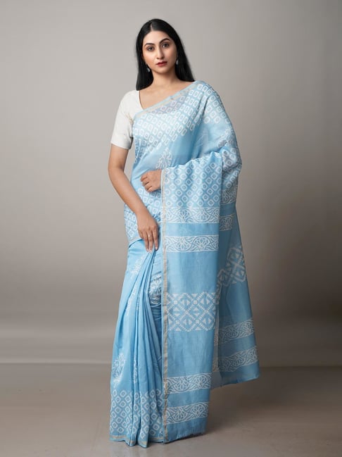 Unnati Silks Light Blue Printed Saree With Blouse Price in India