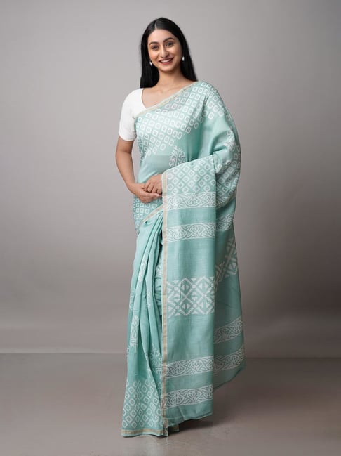 Unnati Silks Turquoise Printed Saree With Blouse Price in India