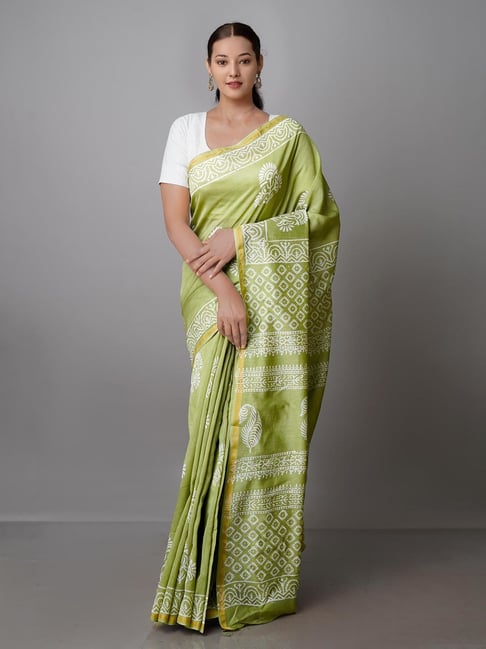 Unnati Silks Green Printed Saree With Blouse Price in India