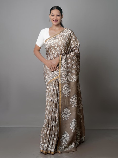 Unnati Silks Brown Printed Saree With Blouse Price in India