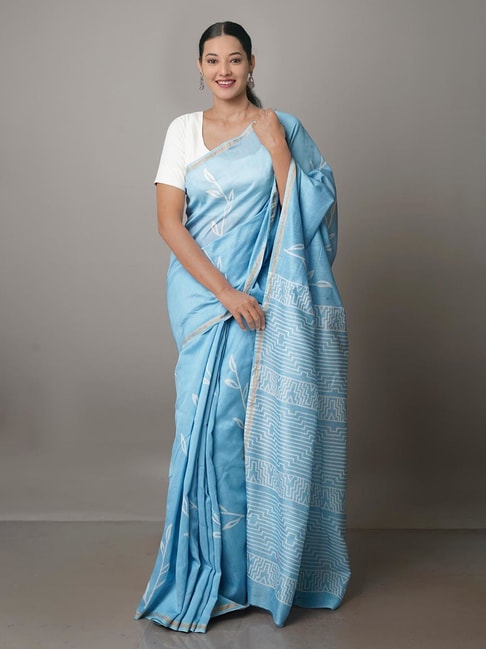 Unnati Silks Light Blue Printed Saree With Blouse Price in India