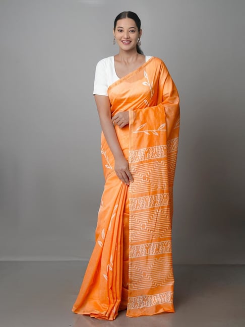 Unnati Silks Orange Printed Saree With Blouse Price in India
