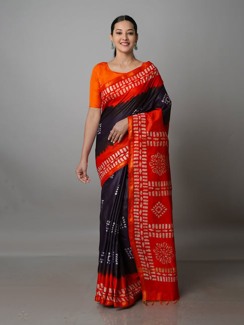 Unnati Silks Black & Red Printed Saree With Blouse Price in India