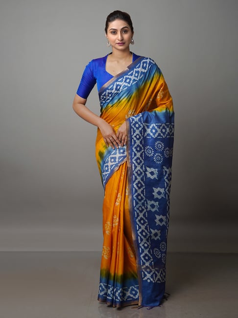 Unnati Silks Yellow & Blue Printed Saree With Blouse Price in India