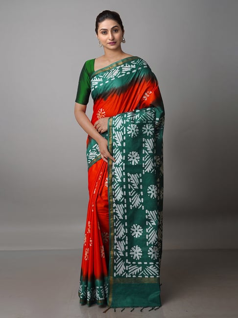 Unnati Silks Red & Green Printed Saree With Blouse Price in India