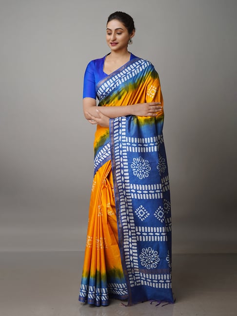 Unnati Silks Yellow & Blue Printed Saree With Blouse Price in India