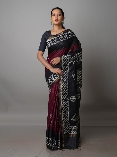 Unnati Silks Burgundy & Black Printed Saree With Blouse Price in India