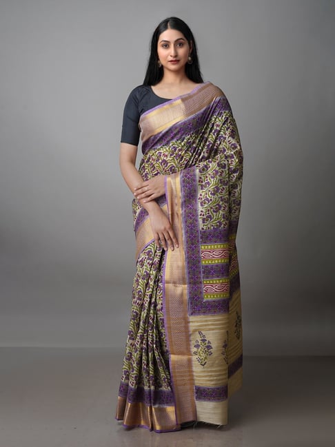 Unnati Silks Beige Printed Saree With Blouse Price in India