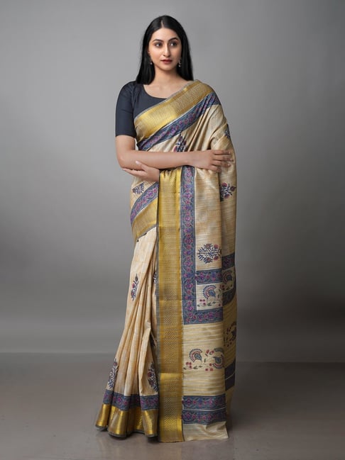 Unnati Silks Beige Printed Saree With Blouse Price in India