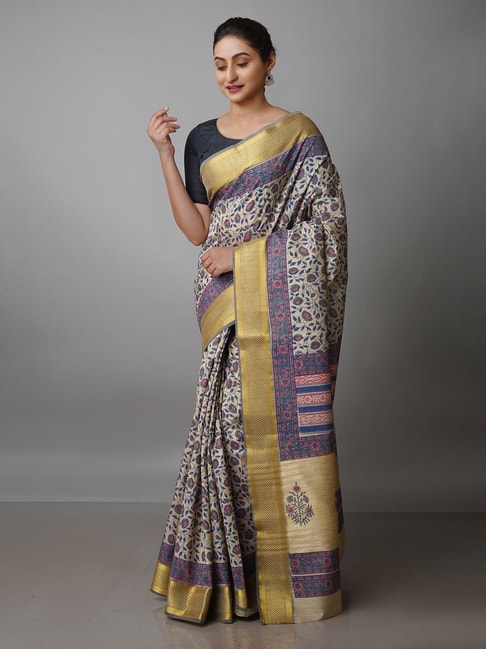 Unnati Silks Beige Printed Saree With Blouse Price in India