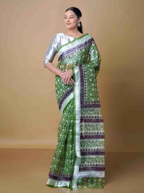 Unnati Silks Green Printed Saree With Blouse Price in India