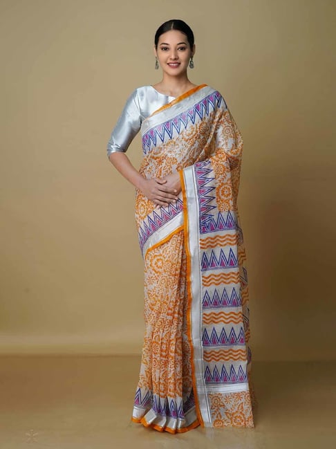 Unnati Silks Cream Printed Saree With Blouse Price in India