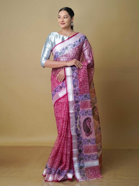 Unnati Silks Dark Pink Printed Saree With Blouse Price in India