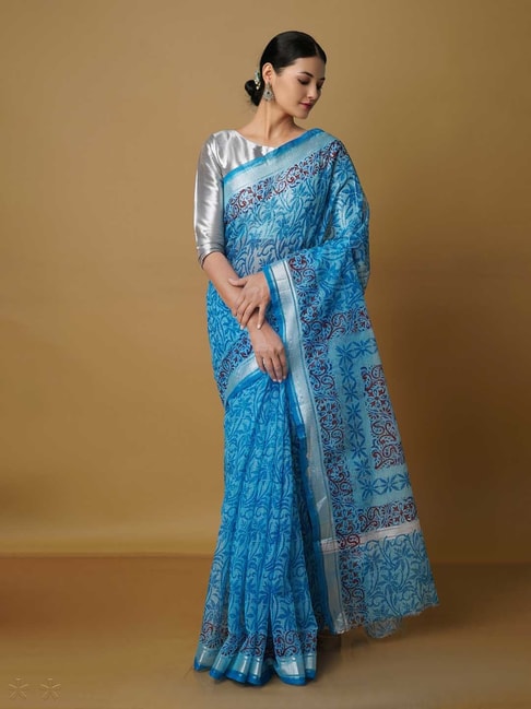 Unnati Silks Blue Printed Saree With Blouse Price in India