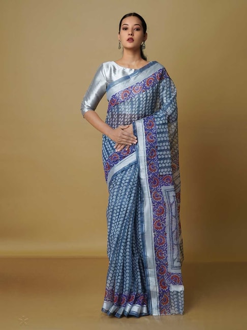 Unnati Silks Blue Printed Saree With Blouse Price in India