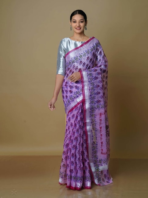 Unnati Silks Baby Pink Printed Saree With Blouse Price in India