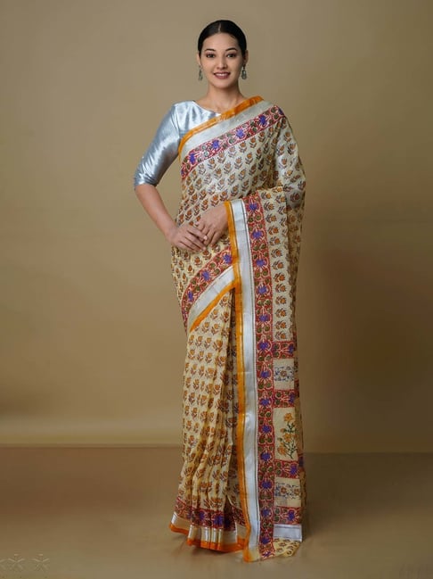 Unnati Silks Light Yellow Printed Saree With Blouse Price in India