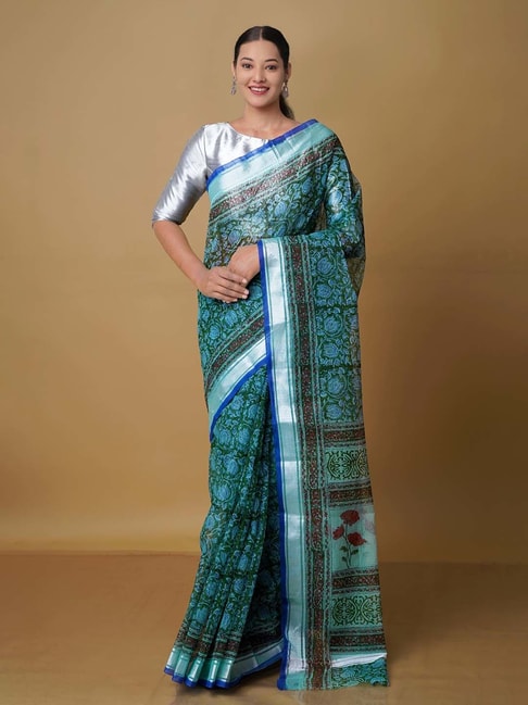 Unnati Silks Green Printed Saree With Blouse Price in India