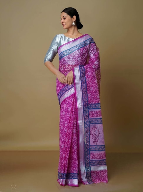 Unnati Silks Pink Printed Saree With Blouse Price in India