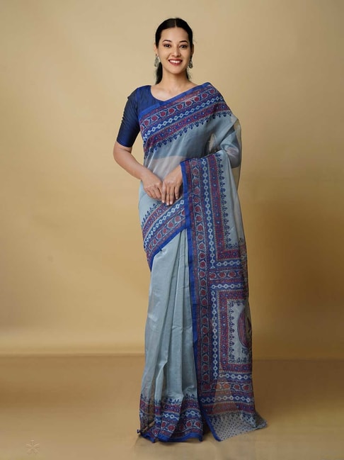 Unnati Silks Grey Printed Saree With Blouse Price in India